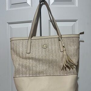 C Wonder Meadow Large Tote Cream Woven Straw Faux Leather Trim MSRP 98